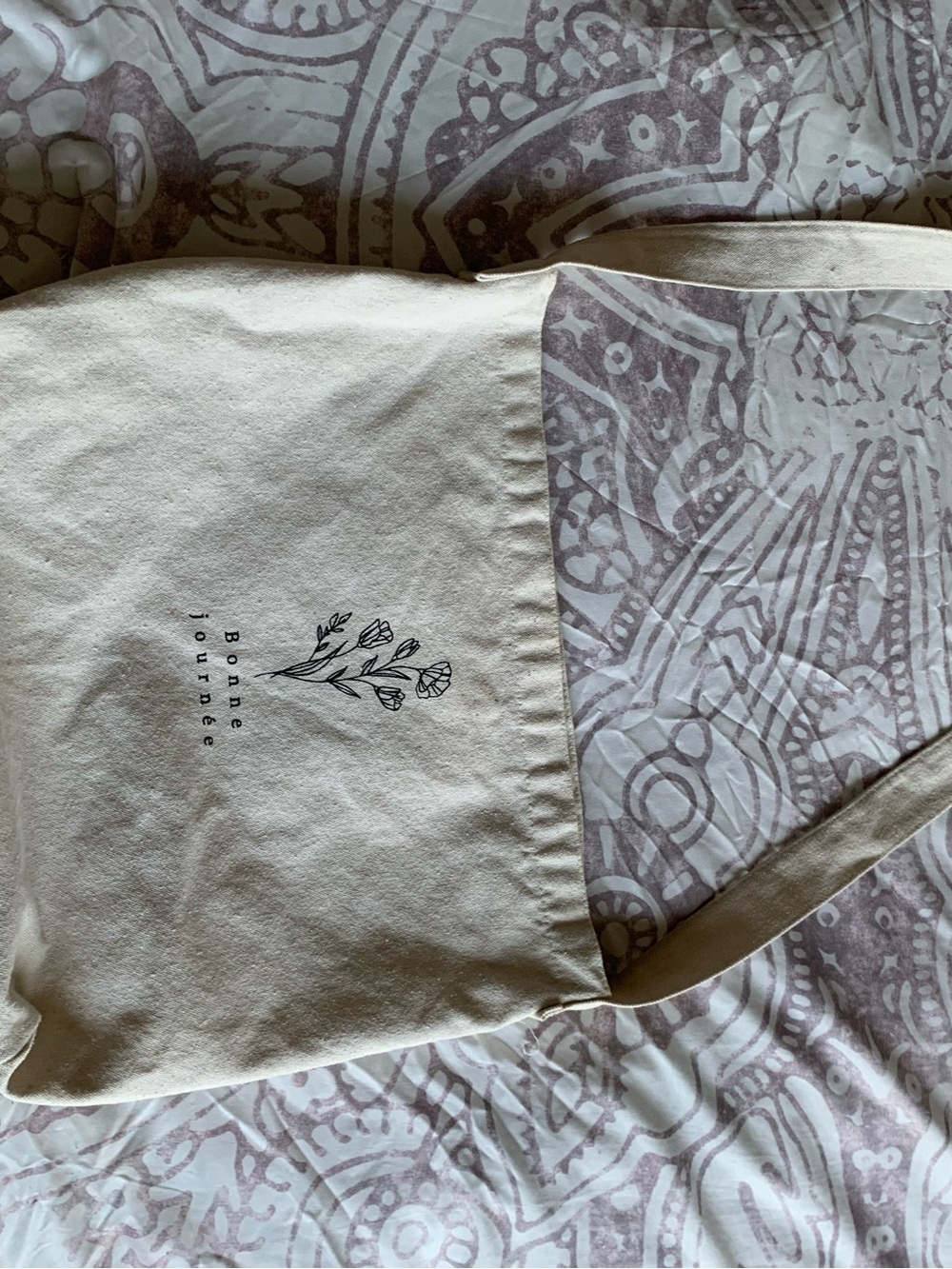 Canvas Tote Bag with Floral Print - Cream